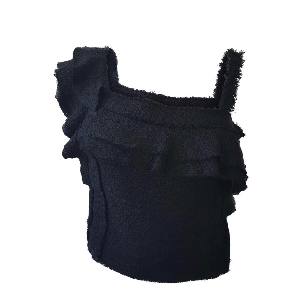PROENZA SCHOULER Black Tweed Ruffle Sleeve Crop Top
